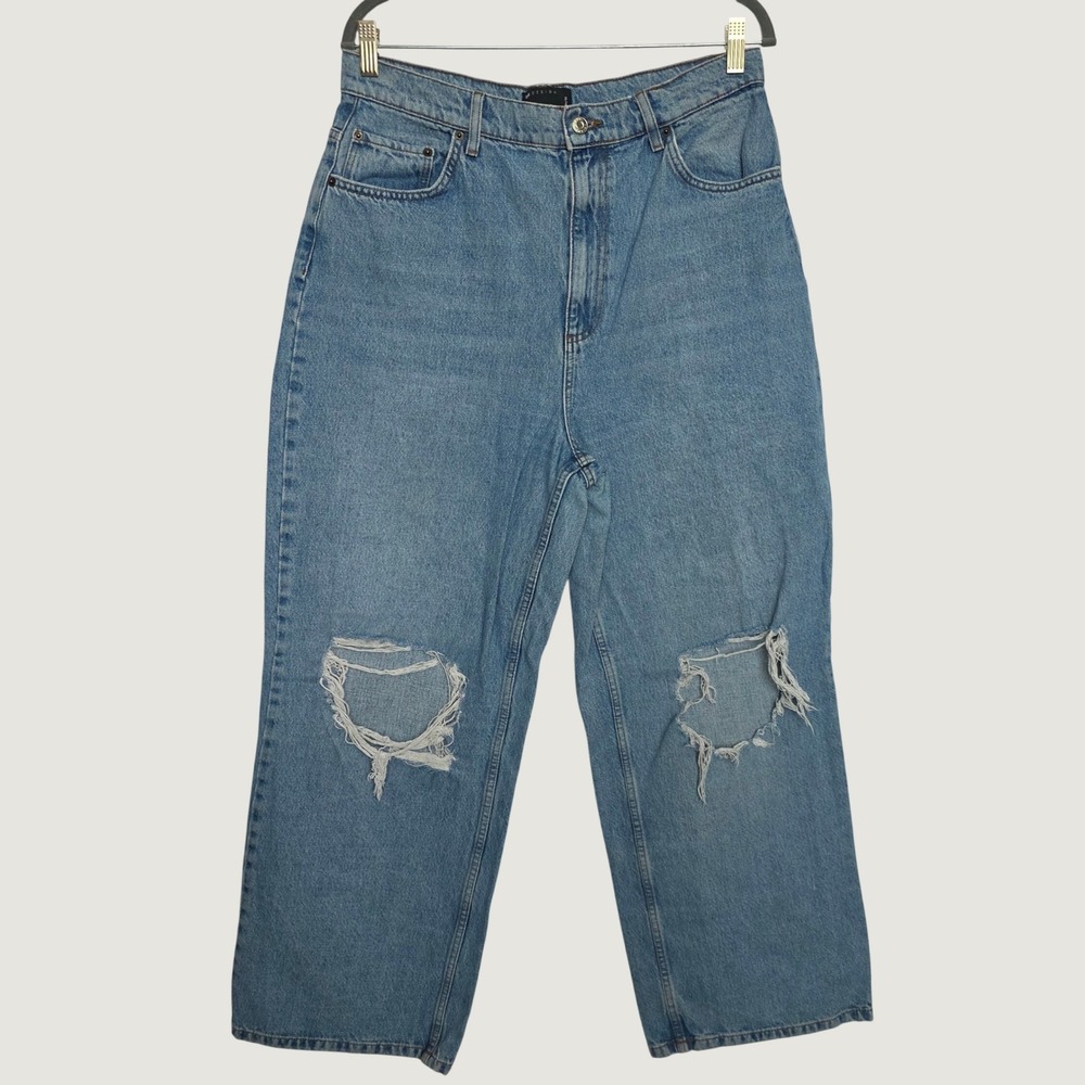 ASOS DESIGN Wide Leg Jeans 34/32 Light Blue Excellent Distressed Knee
